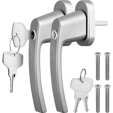 Poignée de fenêtre en aluminium en 2 parties avec serrure - Sécurité de la maison avec clé - Grise - Installation facile - Protection pour les enfants et les personnes âgées