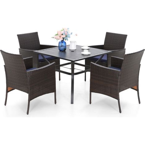 PHIVILLA Rattan Garten Terrasse Balkonmöbel Set, Gartentisch mit Stühle Set, 94cm Quadratische Metall Tisch, 4cm Schirmloch, 4 Polyrattan Sessel Mit Kissen, Wetterfest (1/5)