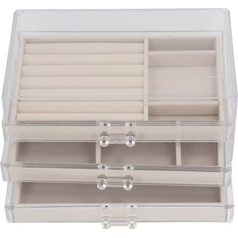 boîte de rangement-Organisateur de Bijoux 3 Compartiments Transparent avec Doublure Flanelle pour Colliers Boucles d'Oreille et Anneaux (1/5)