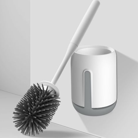 Brosse Toilettes WC Silicone Blanc Mat, Balai WC avec Support, Montage Mural/au Sol, Balayette WC Antibactérienne à Séchage Rapide, Poignée Allongée Confortable 42,5 cm, Pratique & Esthétique (1/5)