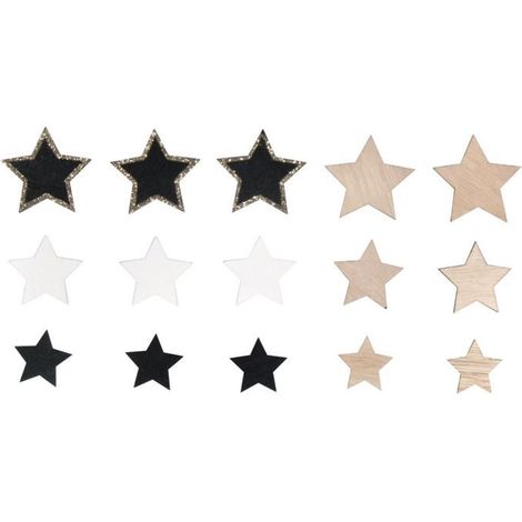 14 étoiles adhésives en bois - 6 types - 3 à 5 cm (1/2)