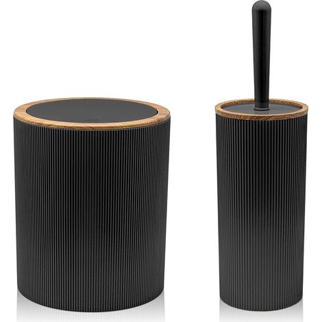 Set 2 pezzi Porta scopino e Pattumiera 5lt Nero dettagli effetto legno Blob (1/5)