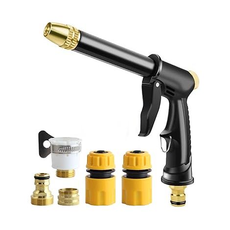 Pistolet d'arrosage avec buse en métal et 3 modes réglables Nettoyage efficace des saletés, robuste et durable, avec réservoir en mousse pour pelouse, cour et arrosage. (1/5)
