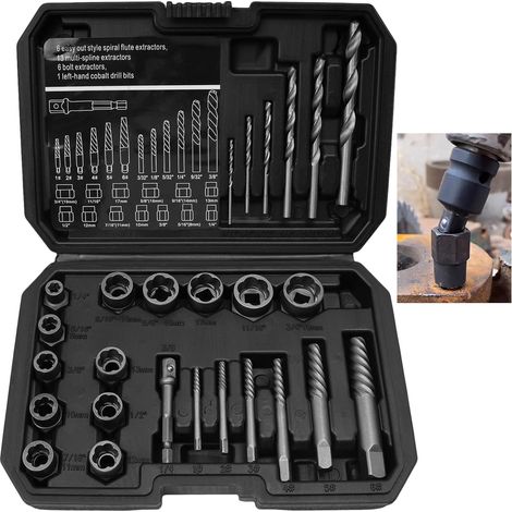 Kit de 26 piezas para extraer tornillos rotos, extractor de pernos de cabeza hueca con adaptador hexagonal, extractores de machos para tornillos, tuercas y pernos dañados y oxidados (1/5)