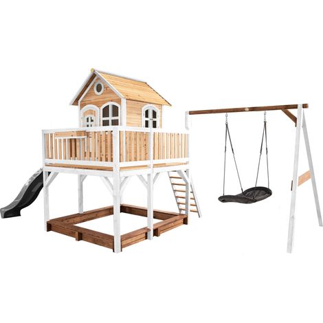 Axi Liam Maison Enfant Avec Bac À Sable, Balançoire Nid D'Oiseau Noir & Toboggan Gris  Aire De Jeux Pour L'Extérieur En Marron & Blanc  Maisonnette / Cabane De Jeu En Bois Fsc
