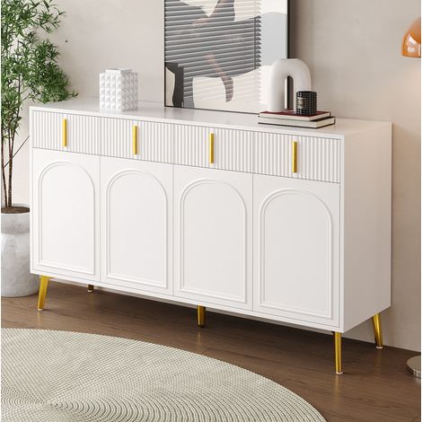 Buffet 140x38x82 cm blanc en MDF mélaminé avec 4 portes, 4 tiroirs et étagères réglables (1/5)