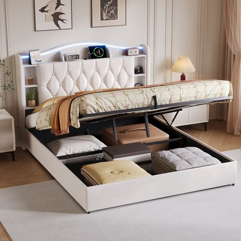 Lit Coffre 160x200 cm, Lit Double 160x200 cm en Velours, avec Sommier à Lattes, Tête de Lit LED Lumineuse, Rangement Ouvert, Ports USB et Type-C - Beige