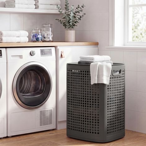 Panier à Linge en Plastique, Fin, Gain de Place, avec Couvercle, Buanderie, Salle de Bain, Chambre, Gris Foncé (1/5)