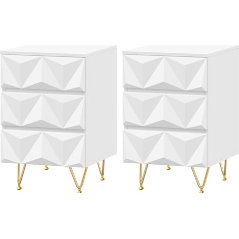Lot de 2 Tables de Chevet 3 Tiroirs MDF Blanc et Doré 40 x 40 x 62,5 cm (1/5)