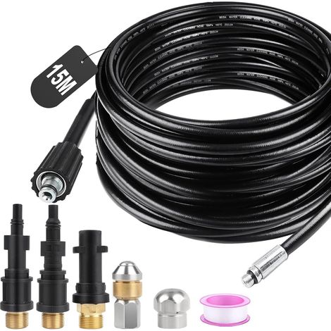 Déboucheur Canalisation Haute Pression 15M 180bar - Tuyau Flexible Nettoyeur avec 2 Buses 3 Adaptateurs pour Kärcher K2-K7 Lavor Parkside Bosch