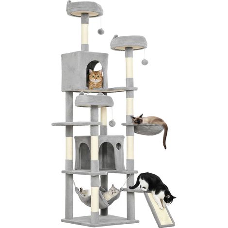 Tiragraffi per gatti, torre gioco per felini, 8 pali per graffiare, 4 piattaforme, 2 nascondigli, scaletta e 3 palline, altezza 192 cm, grigio (1/5)