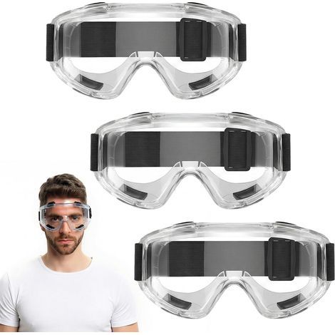 Set mit 3 Schutzbrillen, beschlagfrei, kratzfest, belüftet, verstellbares Kopfband, für Heimwerkerarbeiten, Arbeit, Labor und Brillenträger (1/5)