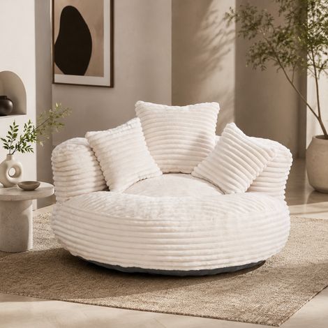 Sitzsack-Sessel aus beigem Cord mit hoher Rückenlehne, 3 Kissen, 108 x 108 x 52 cm (1/5)
