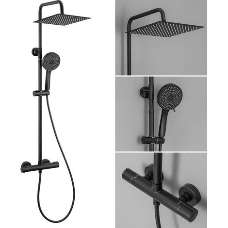 Auralum Max Columna Ducha Termostática Negra,Duchas de baño con Grifo de Latón, Cabezal de Ducha Lluvia 30x30 cm de Acero Inoxidable,Alcachofa de Ducha con 5 funciones, Barra de Ducha Altura Adjustabl (1/5)