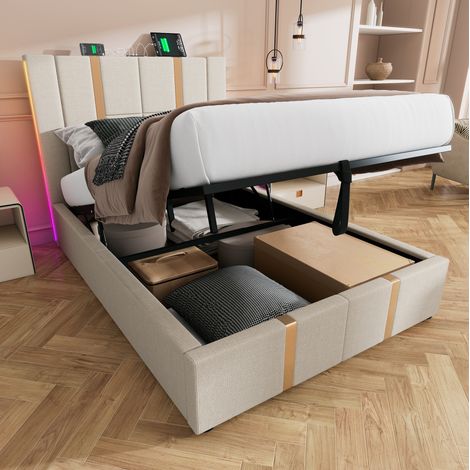 Cama tapizada 90/200 cm beige de lino con LED RGB, arcón y carga USB-C (1/5)