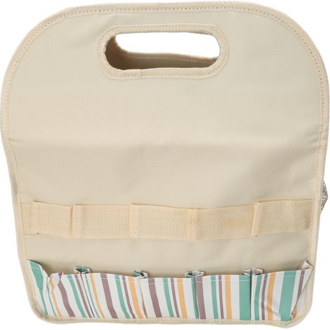 Sacoche à outils de jardin grande capacité en tissu Oxford 600D et panneaux PE, beige à rayures colorées. (1/5)