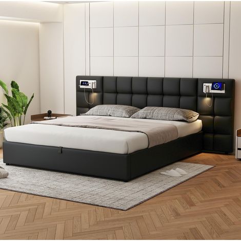 Letto contenitore 180x200 cm, letto matrimoniale imbottito con sollevamento idraulico, porta USB, ricarica wireless e luce LED, in PU, nero, senza rete a doghe (1/5)