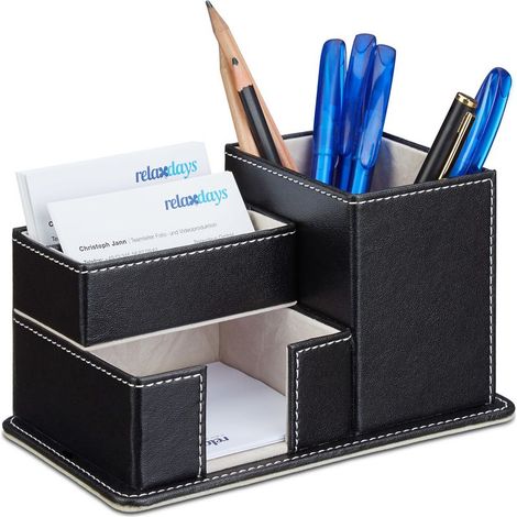 Organiseur de bureau en similicuir noir – Porte-stylo avec 4 compartiments – Dimensions 10x18,5x11 cm – élégant et décoratif (1/5)