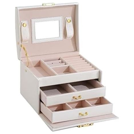 Boîte à Bijoux pour Femme en Cuir PU avec Miroir - 2 Tiroirs - Pour Ranger Bagues, Colliers et Boucles d‘Oreilles - Blanc (1/5)