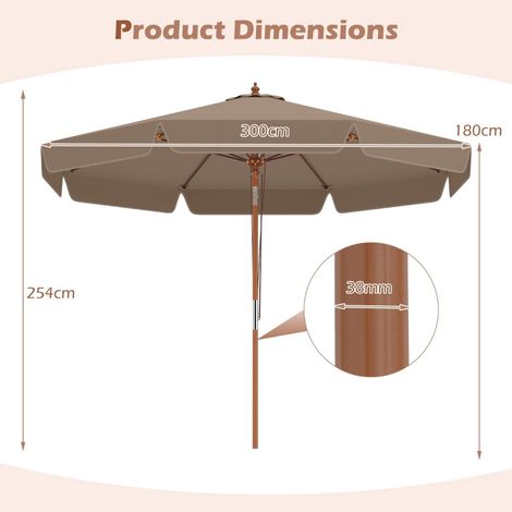300 cm brauner Sonnenschirm mit Neigefunktion und Holzstange