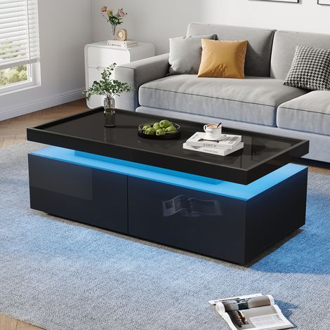 Couchtisch Schwarz Hochglanz Wohnzimmertisch mit LED App-Steuerung, Kaffeetisch Modern mit 2 Schubladen & Ablage, 95x45x35 cm