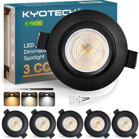 Lot de 6 spots LED encastrables - 230 V - Intensité variable - 60-70 mm - 5 W - 550 lm - 3000 K/4000 K/6500 K - IP44 - Pour salle de bain et salon - En aluminium brossé - Non rotatifs (1/5)