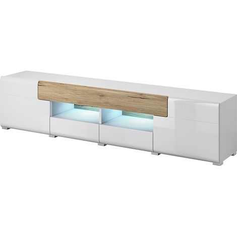 TV-Möbel 210cm Serie OHIO mit integrierter LED. Farbe Weiß und Eichenfinish.