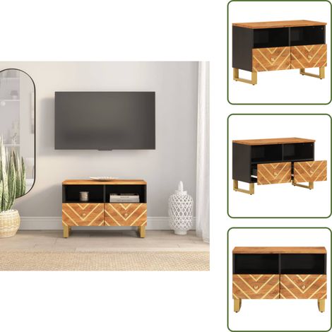 Meuble TV marron et noir 70x33,5x46 cm bois massif de manguier - Meuble Tv - Meuble Audiovisuel - Support Tv - Unité Tv - Mobilier Salle Séjour (1/5)