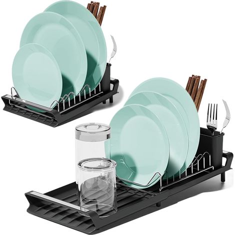 Scolapiatti compatto in acciaio inox, estensibile da 29 a 49 cm, con portaposate e vaschetta raccogligocce inclinata, per lavello da cucina (nero) (1/5)