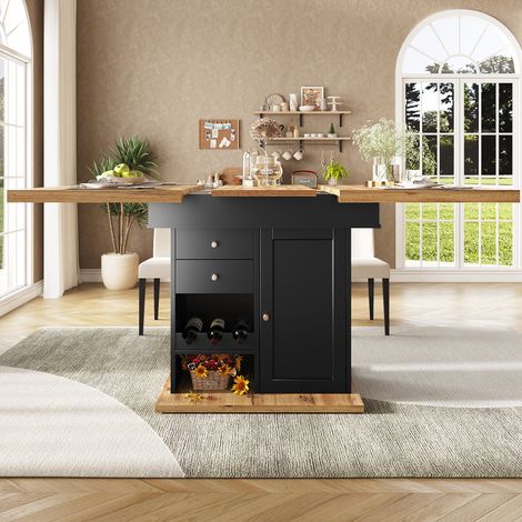 Table extensible MDF Schwarz/Natur 110-140x80x75 cm mit Stauraum, Snack- und Weinregal