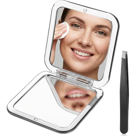 Miroir compact de poche grossissant x 30 - Miroir de maquillage de voyage avec pince à épiler - Miroir carré - Noir - Pour sacs à main et voyage (1/5)
