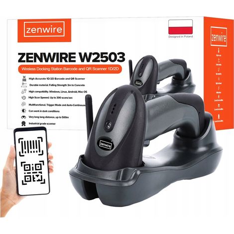 Escáner de código de barras QR 1D y 2D inalámbrico Zenwire W2503 con estación de acoplamiento USB