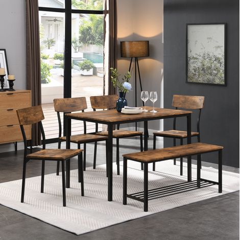 Conjunto de mesa y sillas de 6 piezas con banco, aglomerado y acero, marrón DESVIAE (1/5)