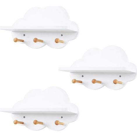 WOLTU 3x Estante Flotante Nube 36x20.5x12 cm Estanteria Pared para Niños Estante de Pared con Ganchos Decoración de Nube MDF E1 Blanco