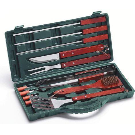 Ompagrill Set Utensili Barbecue 12 pezzi in Valigetta In Acciaio Inox e Manico In Legno Massello (1/2)