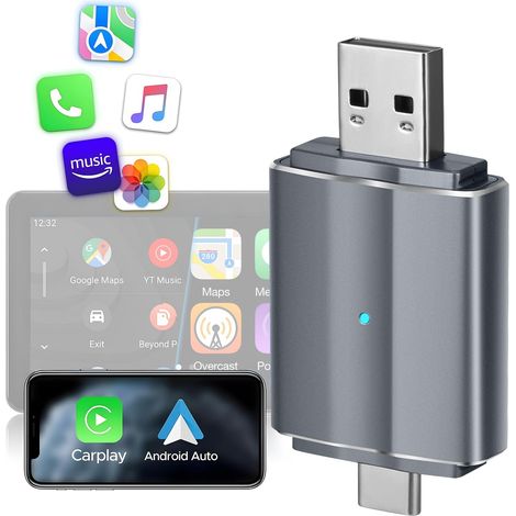 Applicable Carplay sans Fil pour Android Auto Et A-Pple, 2 en 1 Carplay Auto sans Fil, Type-C/USB, Adaptateur Carplay sans Fil Compatible avec Iphone iOS 10+ Et Android 11 (1/5)