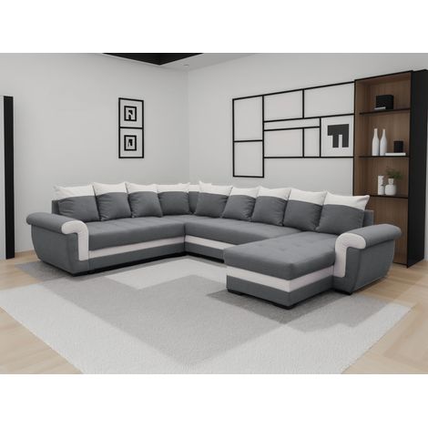 Henry – wohnlandschaft beidseitig montierbar mit schlaffunktion – mit bettkasten – aus stoff und pu – 7-sitzer - grau / weiss (1/5)