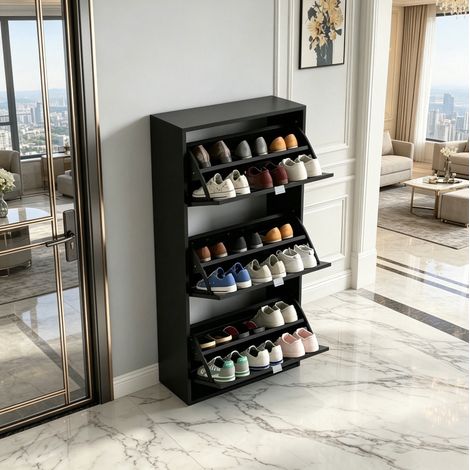 Schuhschrank 60/26/124 cm in Schwarz mit 3 Klapptüren und verstellbaren Trennwänden (1/5)