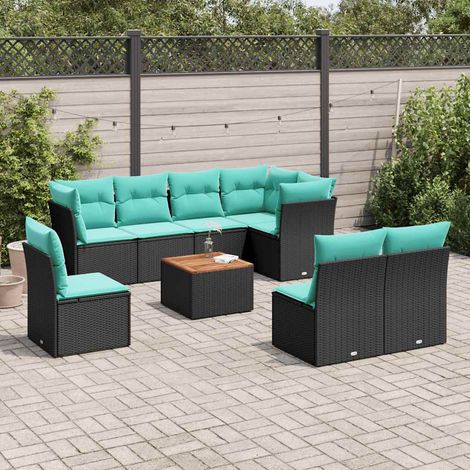 Salon de jardin 9 pièces modulable noir en résine tressée avec coussins bleus - PANGIVO (1/5)