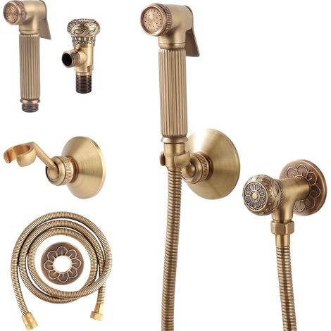 Vintage Brass Toilet Sprayer Hand Shower Set Bidet Sprayer Kit with Wall Mount and Hose for Personal Care Hygiene Potty (1/5)