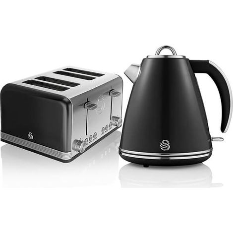 Swan Retro Black Kettle and 4 Slice Toaster Set