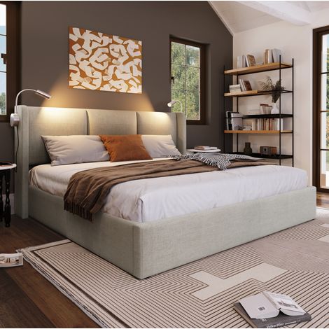 Lit coffre 140x200 cm en lin beige avec sommier à lattes, tête de lit avec liseuse et port USB (1/5)