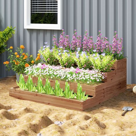 4-stufiges Hochbeet für den Außenbereich, Balkon-Pflanzkasten mit offenem Boden und Stoffauskleidung aus Tannenholz, für Pflanzen, Blumen und Gemüse, 113 x 113 x 46 cm, Dunkelbraun