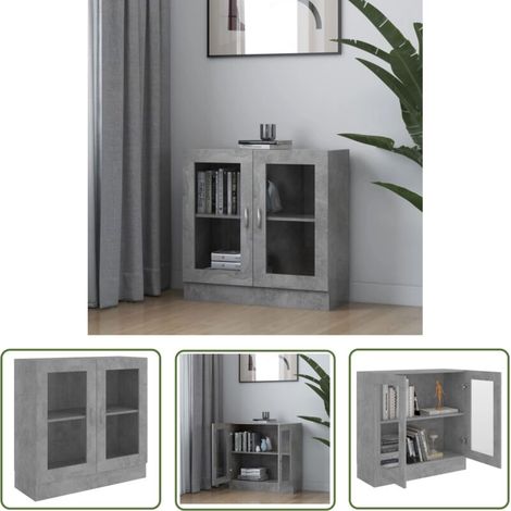 The Living Store Armoire à vitrine Gris béton 82,5x30,5x80 cm Bois d'ingénierie - Bibliothèque - Meuble De Rangement - Armoire Vitrée - Mobilier Intérieur - Meubles Gris