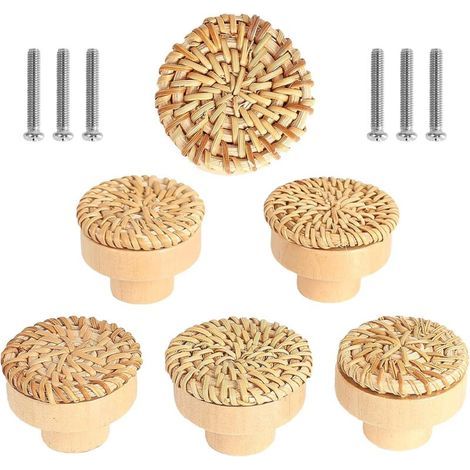 Ensemble de 6 boutons de meubles en rotin, boutons de porte et de tiroir de style bohème, poignées rondes en bois pour commodes, armoires et meubles de cuisine. (1/5)