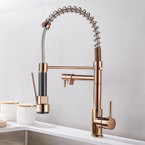 Robinet de cuisine avec douchette pivotant à 360° - Robinet à ressort hélicoïdal - Or rose (1/5)