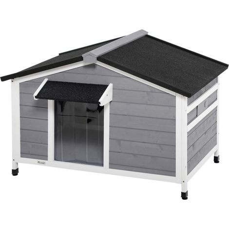Niche pour chien de style campagnard – 2 fenêtres, porte, toit ouvrant bitumé – dimensions 109 x 79 x 72 cm – bois de sapin gris