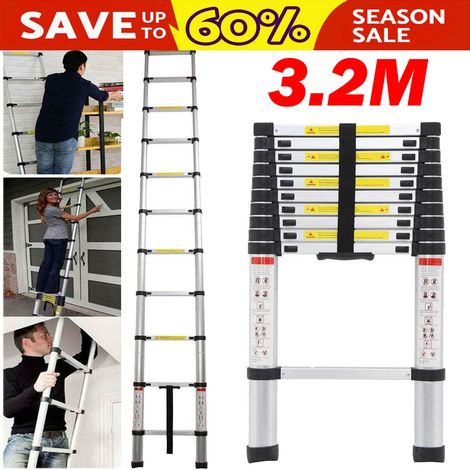 3.2M Telescopic Ladder 10.5FT Multi-Purpose Stainless Steel Telescoping Ladder Extendable Portable Sturdy Loft Ladder with EN131 & CE Standard for Draw Wall Replace Bulb Clean Window Repair Roof (1/5)