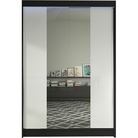 Armario Closico Salvor II, Negro + Blanco, 200x120x58cm, Puertas de armario: Correderas, Número de estantes: 5, LED