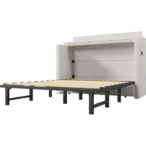 Cama armario convertible 140 x 200 con cajón USB y USB-C en lino beige HOMVRA (1/5)